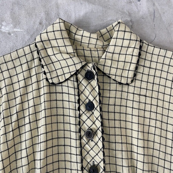 1940s Ivory/Black Cotton Checker Print Peter Pan Collar Day Dress Pockets RicRac - Picture 6 of 8